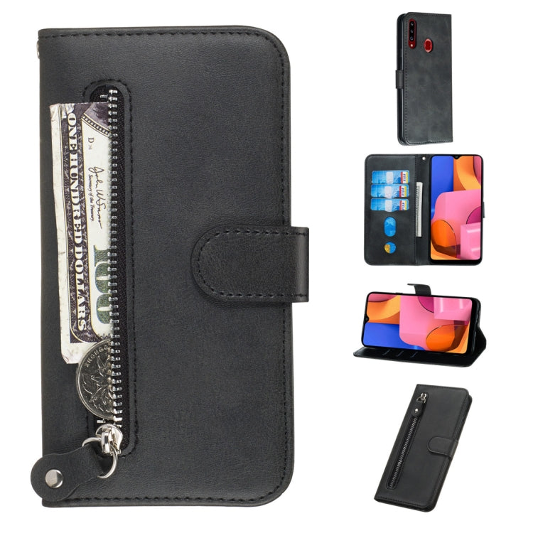 Black PU leather flip phone case with zipper pocket and card slots
