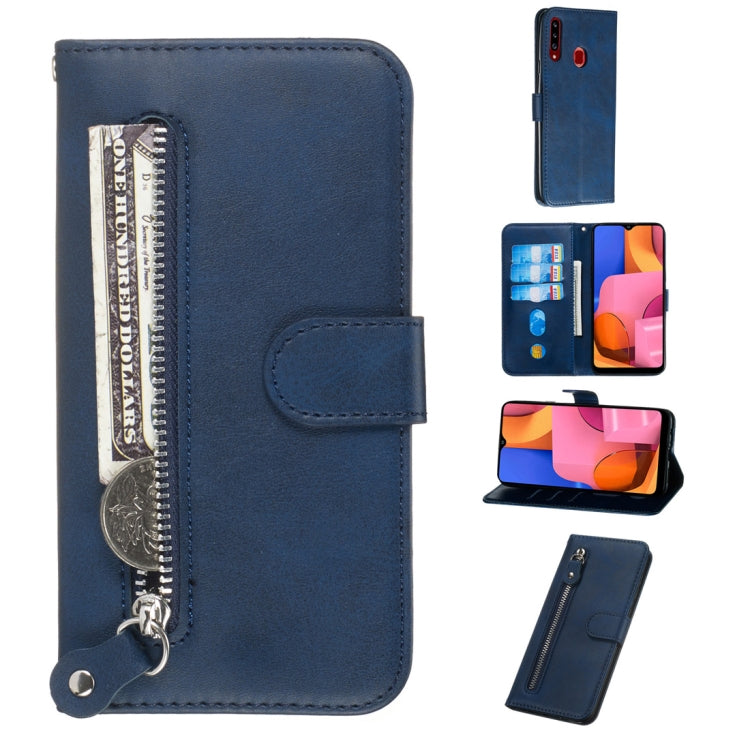 Blue PU leather flip phone case with zipper pocket and card slots