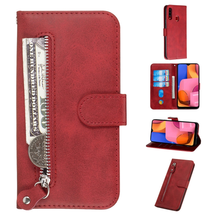 Red PU leather flip phone case with zipper pocket and card slots