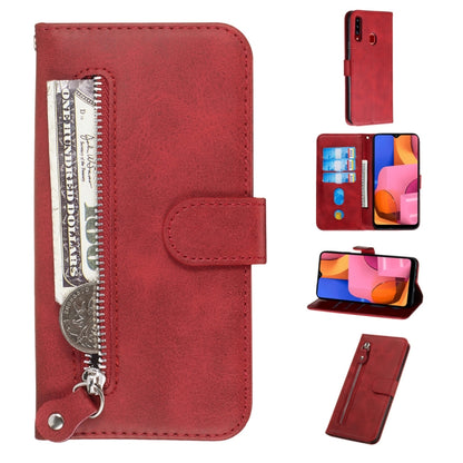 Red PU leather flip phone case with zipper pocket and card slots