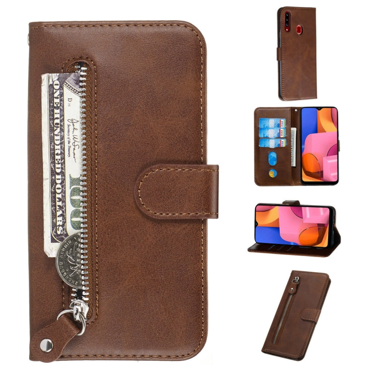 Brown PU leather flip phone case with zipper pocket and card slots