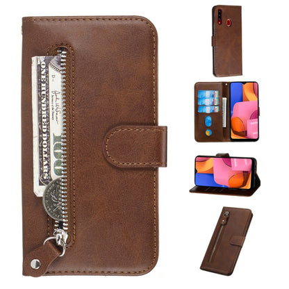 Brown PU leather flip phone case with zipper pocket and card slots
