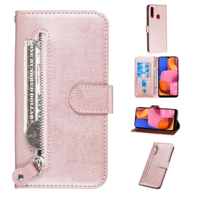 Rose gold textured PU leather flip phone case with zipper pocket and card slots
