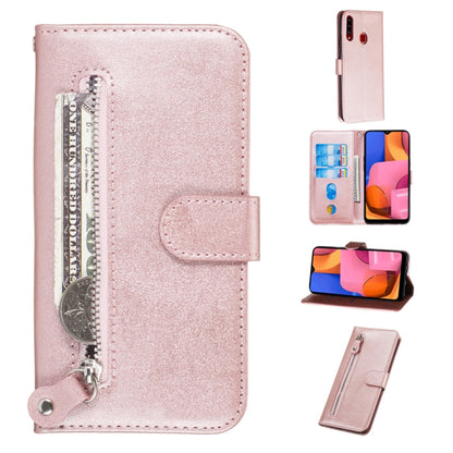 Rose gold textured PU leather flip phone case with zipper pocket and card slots