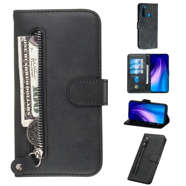Black PU leather flip phone case with horizontal zipper, card slots, and stand