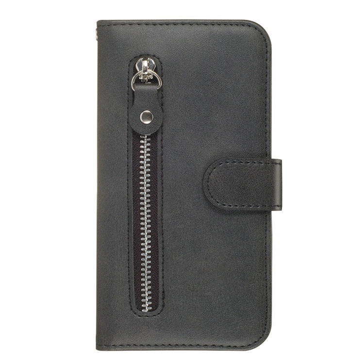 Black PU leather flip phone case with side zipper pocket and snap card holder