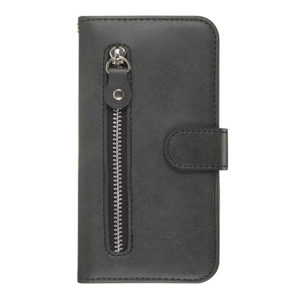 Black PU leather flip phone case with side zipper pocket and snap card holder