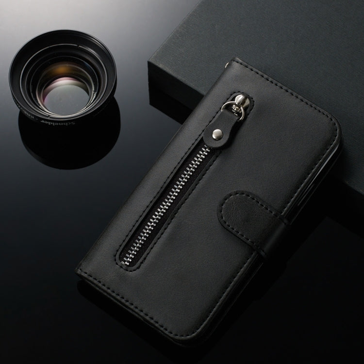 Black PU leather flip phone case with zipper detail and front card holder