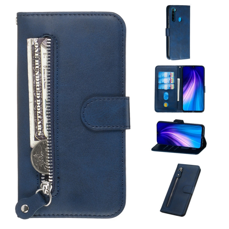Blue PU leather flip phone case with horizontal zipper, card slots, and stand