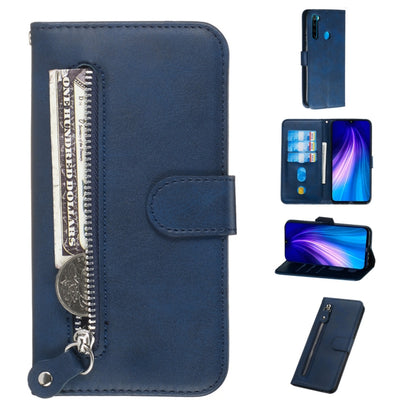 Blue PU leather flip phone case with horizontal zipper, card slots, and stand