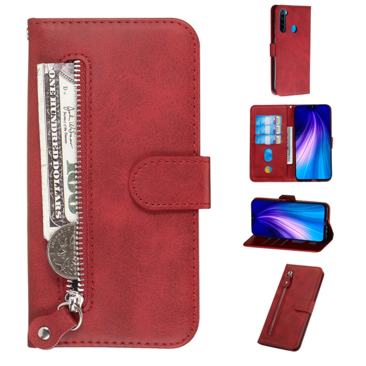 Red PU leather flip phone case with horizontal zipper, card slots, and stand