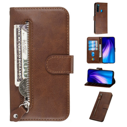Brown PU leather flip phone case with horizontal zipper, card slots, and stand