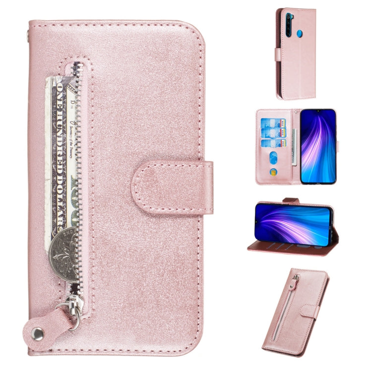 Pink PU leather flip phone case with zipper, card slots, and holder