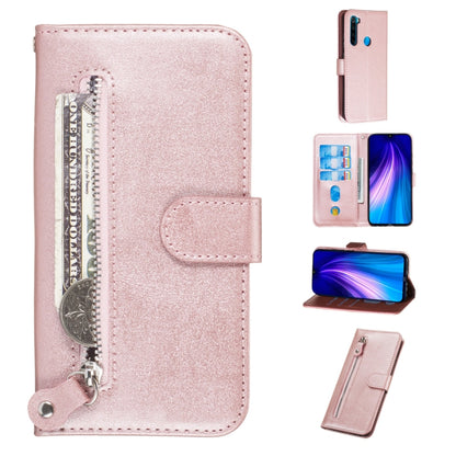 Pink PU leather flip phone case with zipper, card slots, and holder