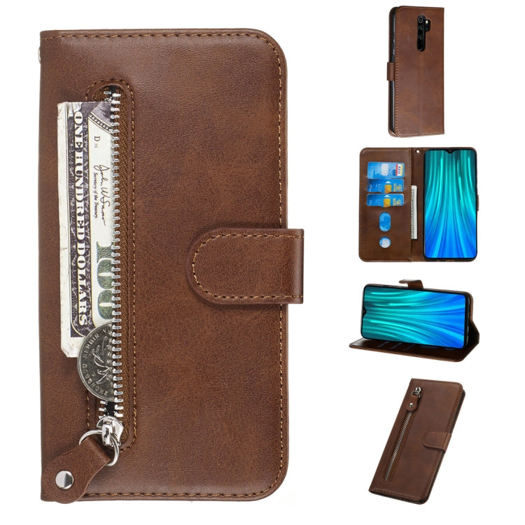 Brown PU leather flip phone case with zipper and card holder