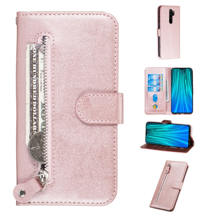 Pink PU leather flip phone case with zipper, card slots, and holder