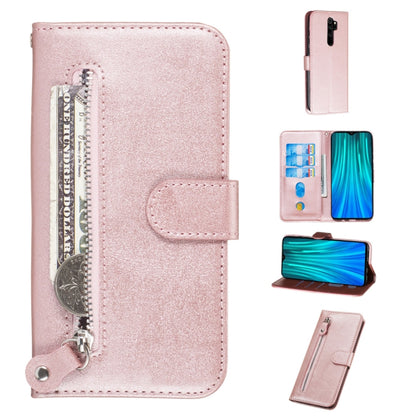 Pink PU leather flip phone case with zipper, card slots, and holder