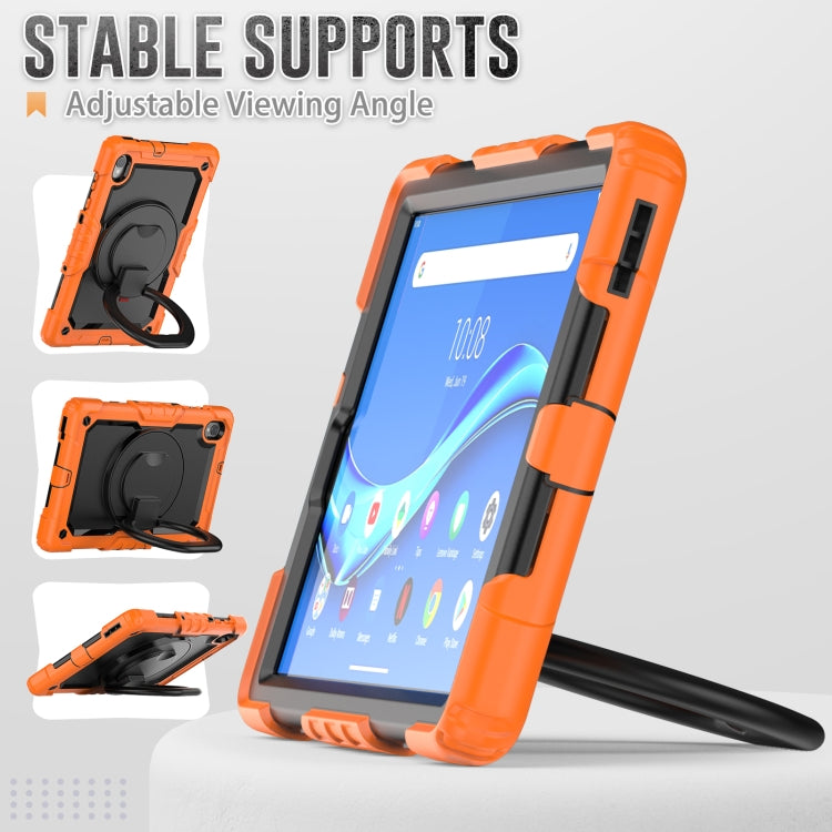 Rugged tablet case, orange and black, adjustable viewing angle stand, Lenovo M10 Plus