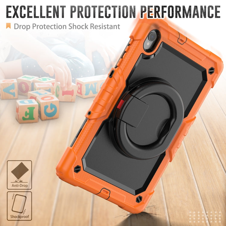 Rugged protective tablet case, orange and black, built-in ring grip and kickstand