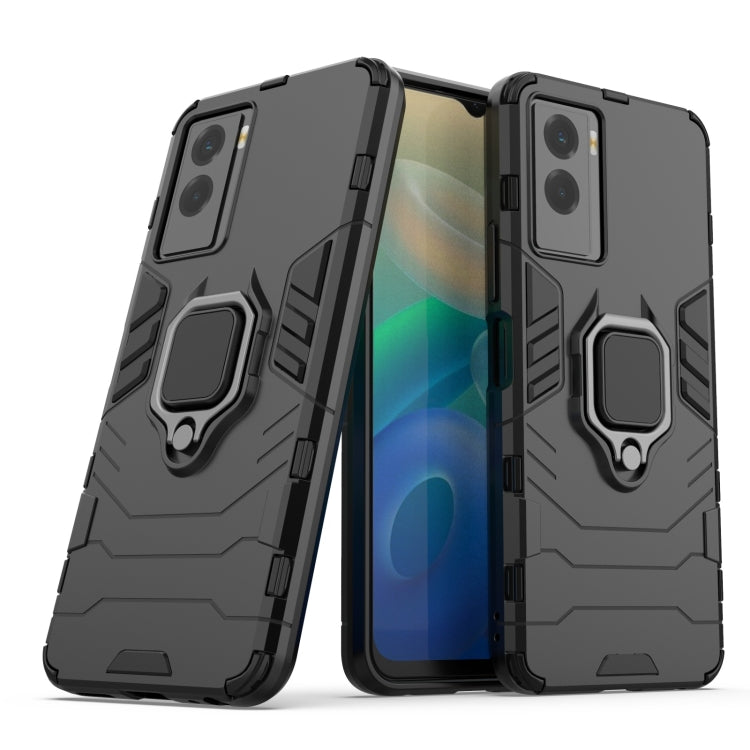 Black shockproof phone case with ring kickstand and raised edges, PC+TPU for vivo Y55s 5G