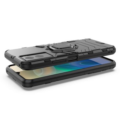Black shockproof phone case with raised camera cover and ring kickstand, PC+TPU for vivo Y55s 5G