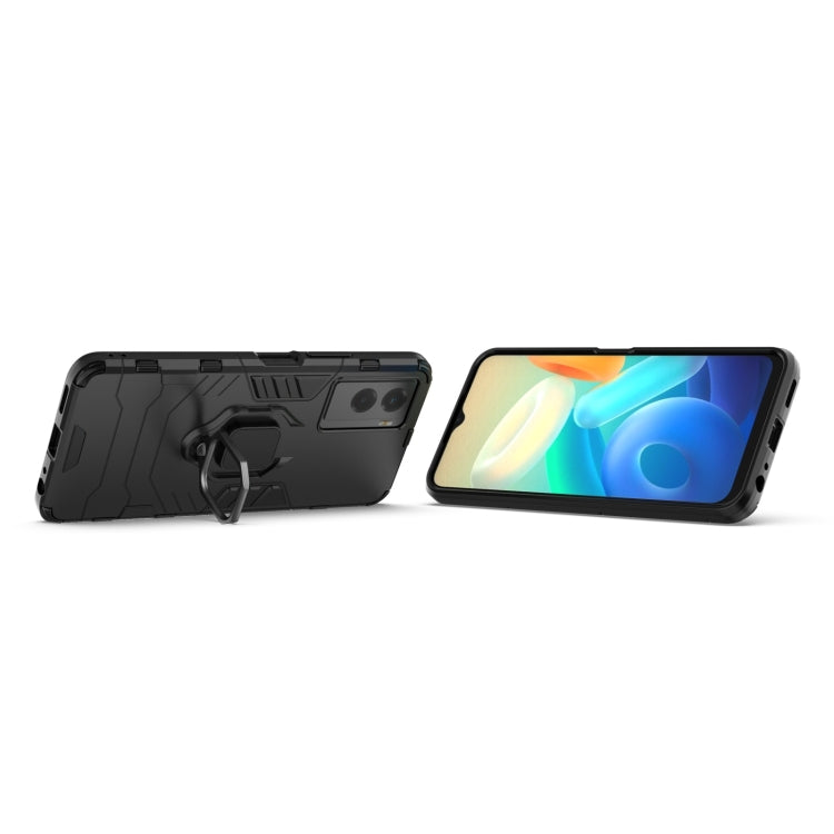 Black shockproof phone case with ring kickstand and textured grip, PC+TPU for vivo Y55s 5G