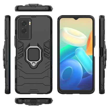 Black shockproof phone case with ring kickstand, open ports, and TPU protection edges