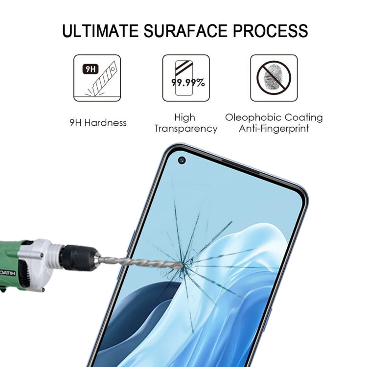 Tempered glass screen protector showing 9H hardness and anti-fingerprint features