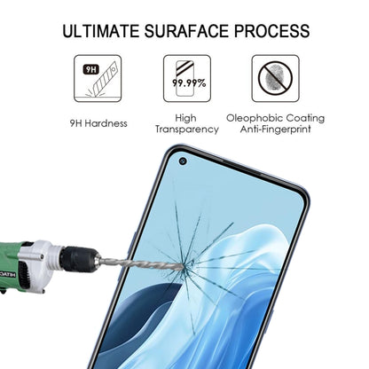 Tempered glass screen protector showing 9H hardness and anti-fingerprint features
