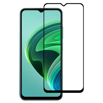 Full glue tempered glass screen protector with black border over smartphone screen