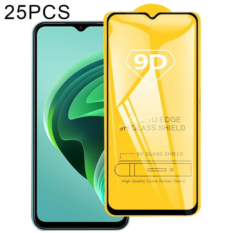 9D tempered glass screen protector film, full-glue 25-pack shown in yellow package