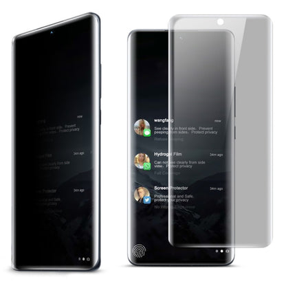 Curved privacy screen protector film on phone, front anti-peek effect shown