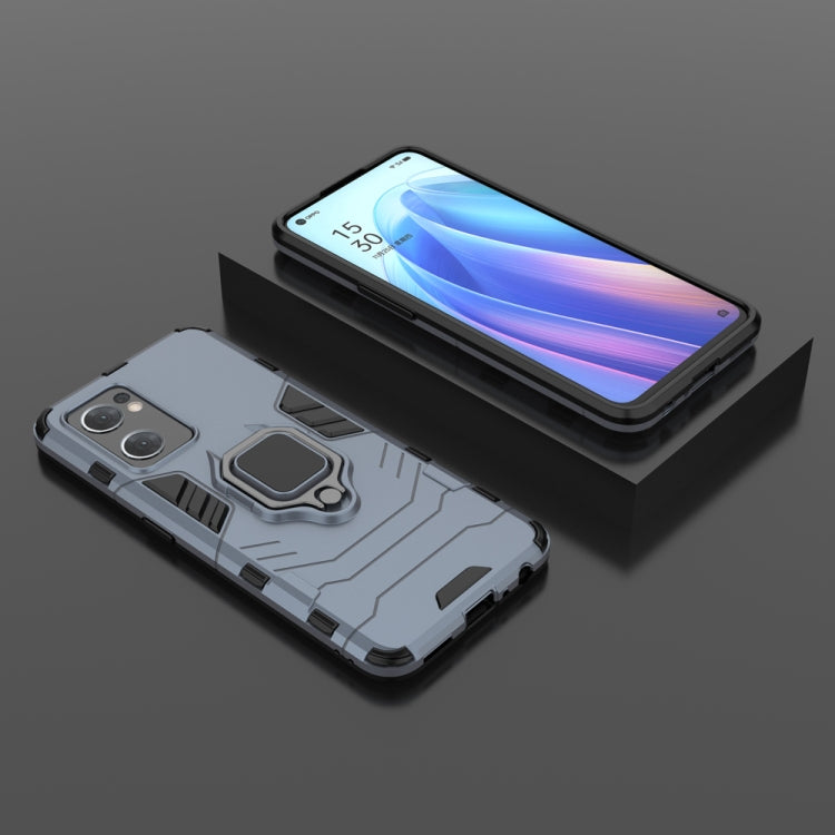 Gray and black phone case with magnetic ring holder, front and back views