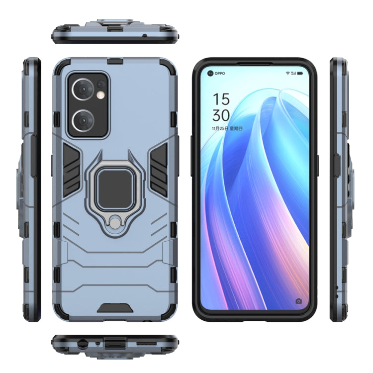 Navy blue protective phone case showing back, sides, and magnetic ring holder