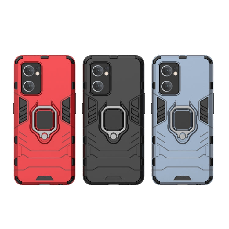 Set of red, black, and light blue protective phone cases with magnetic ring holder