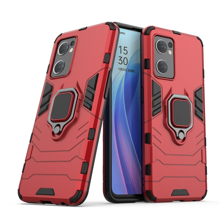 Red protective phone case with magnetic ring holder, front and back