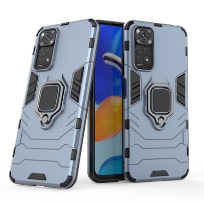 Light blue protective phone case with magnetic ring holder, back and front