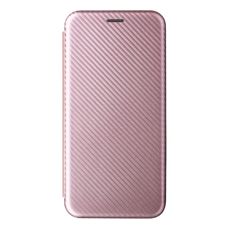 Pink PU flip phone case back with carbon fiber texture and center slot