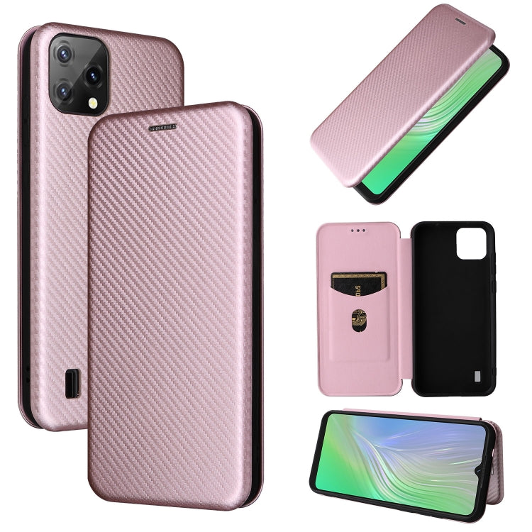 Pink magnetic flip phone case with carbon fiber texture and card holder flap