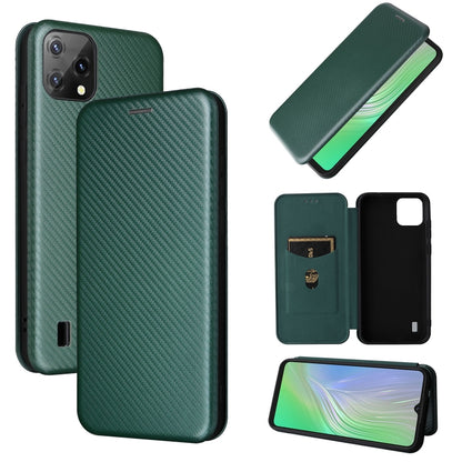 Green magnetic flip phone case with carbon fiber texture and card holder flap