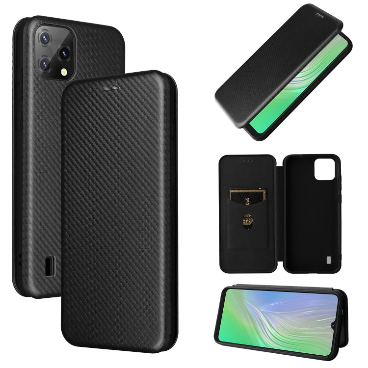 Black magnetic flip phone case with carbon fiber texture and card holder flap