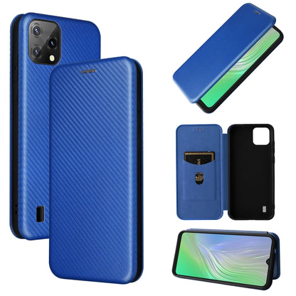 Blue magnetic flip phone case with carbon fiber texture and card holder flap