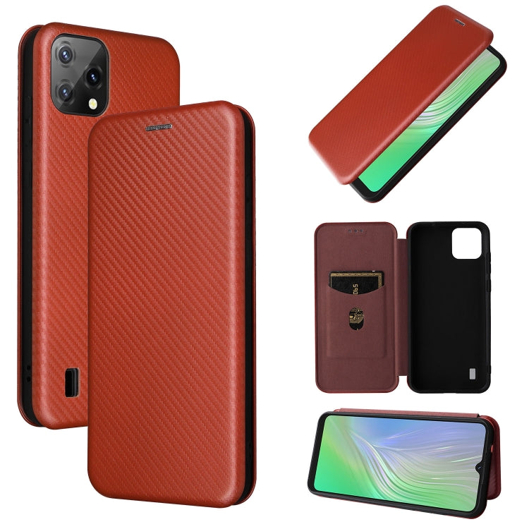 Orange magnetic flip phone case with carbon fiber texture and card holder flap