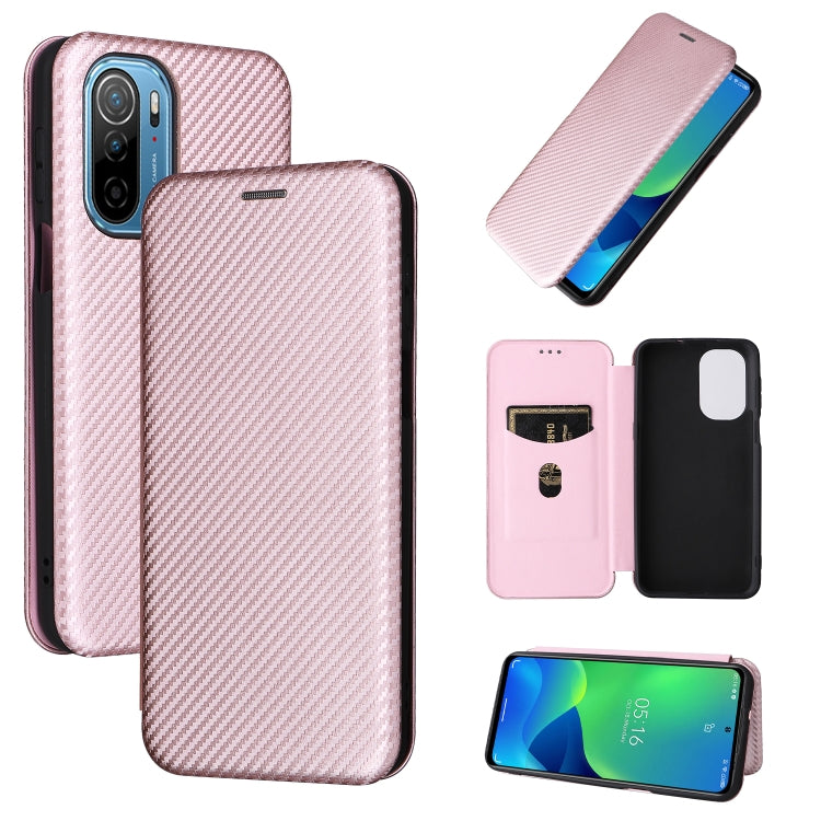 Light pink magnetic flip phone case with carbon fiber texture and card holder flap
