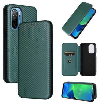 Dark green magnetic flip phone case with carbon fiber texture and card holder flap
