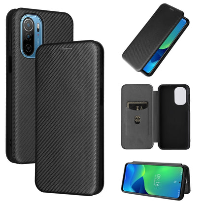 Gray magnetic flip phone case with carbon fiber texture and card holder flap