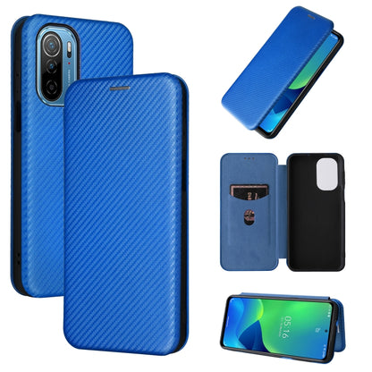 Royal blue magnetic flip phone case with carbon fiber texture and card holder flap