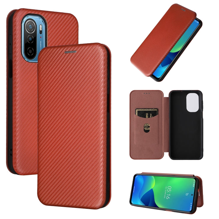 Brown carbon fiber textured magnetic flip PU phone case with holder slot and cutouts