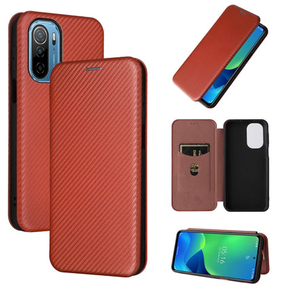 Brown carbon fiber textured magnetic flip PU phone case with holder slot and cutouts
