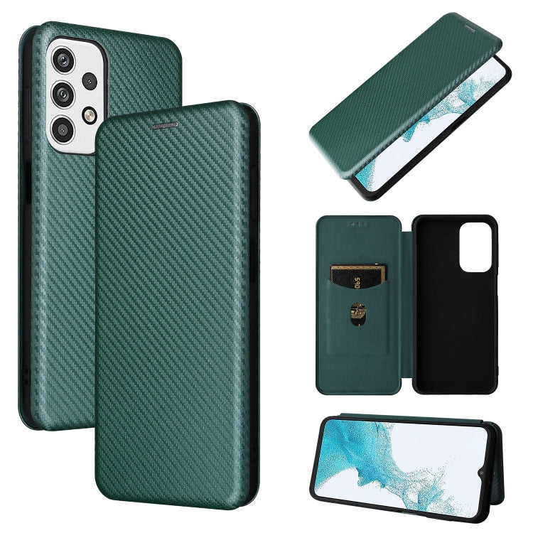 Green carbon fiber textured magnetic flip PU phone case with holder slot and cutouts